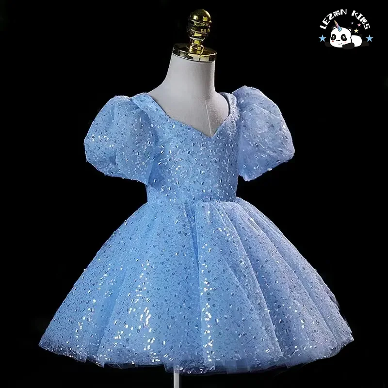 LEZONKIDS - Novo Vestido de Princesa Mori com Mangas Bufantes Verdes para Desfile de Moda com Lantejoulas e Laço para Meninas
